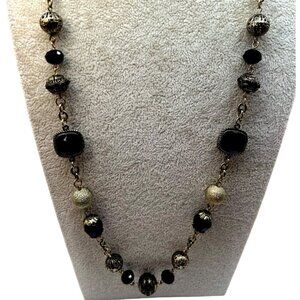 Vintage-Inspired Long Gold & Black Beaded Necklace.  C12